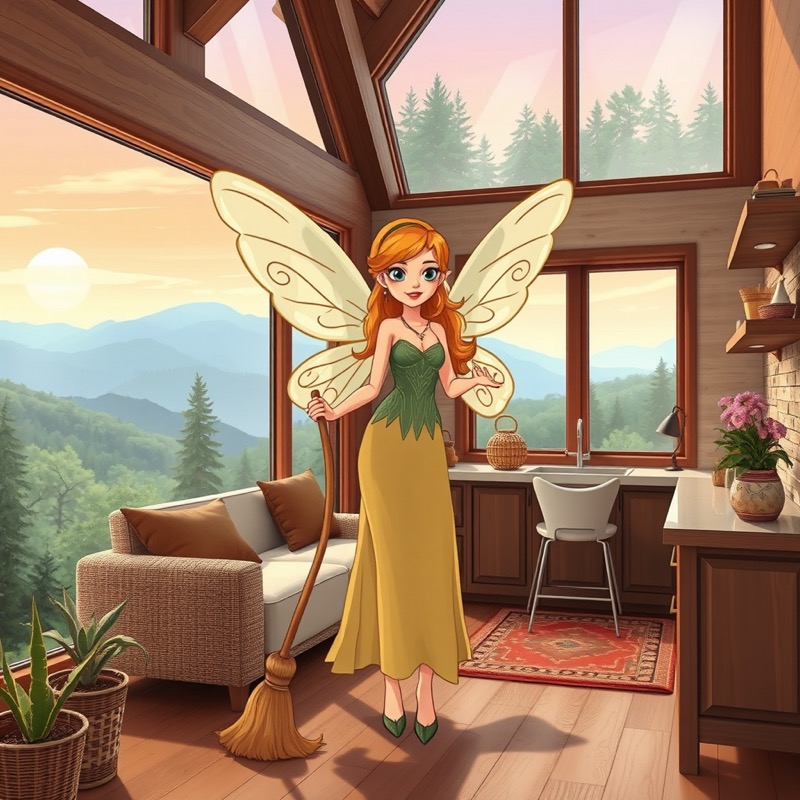 Illustration of the Asheville Cleaning Fairy holding a broom in a sunny mountain-view home